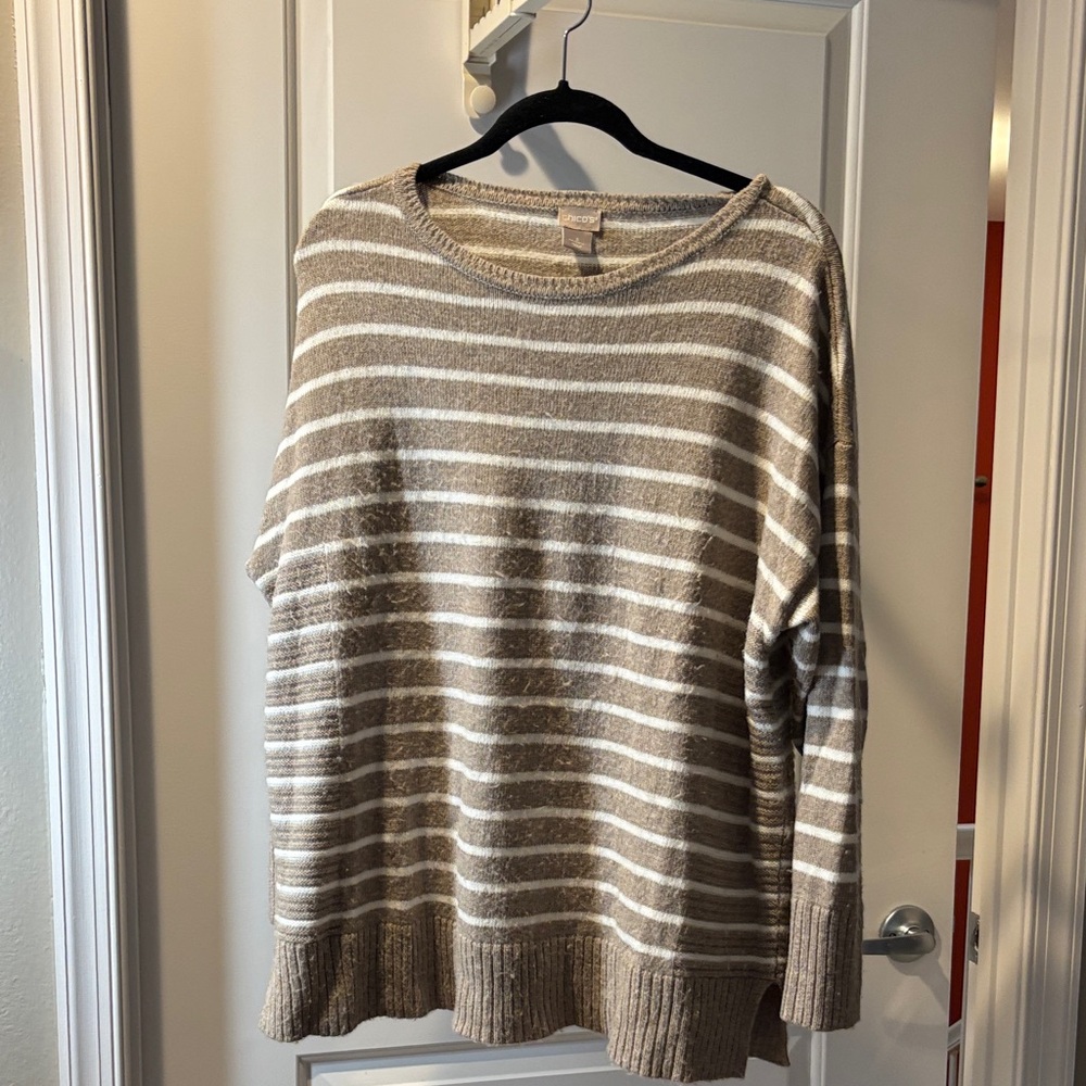 Chico's Taupe and Cream Striped Sweater